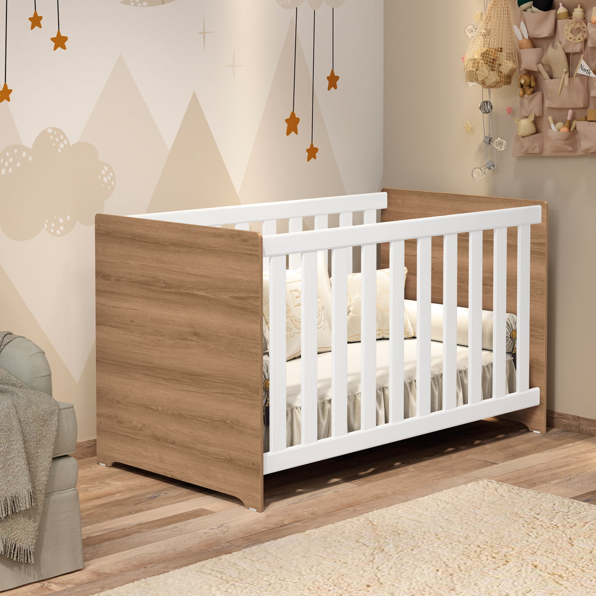 Berço Americano Infantil Baby Kids Branco com Castanho