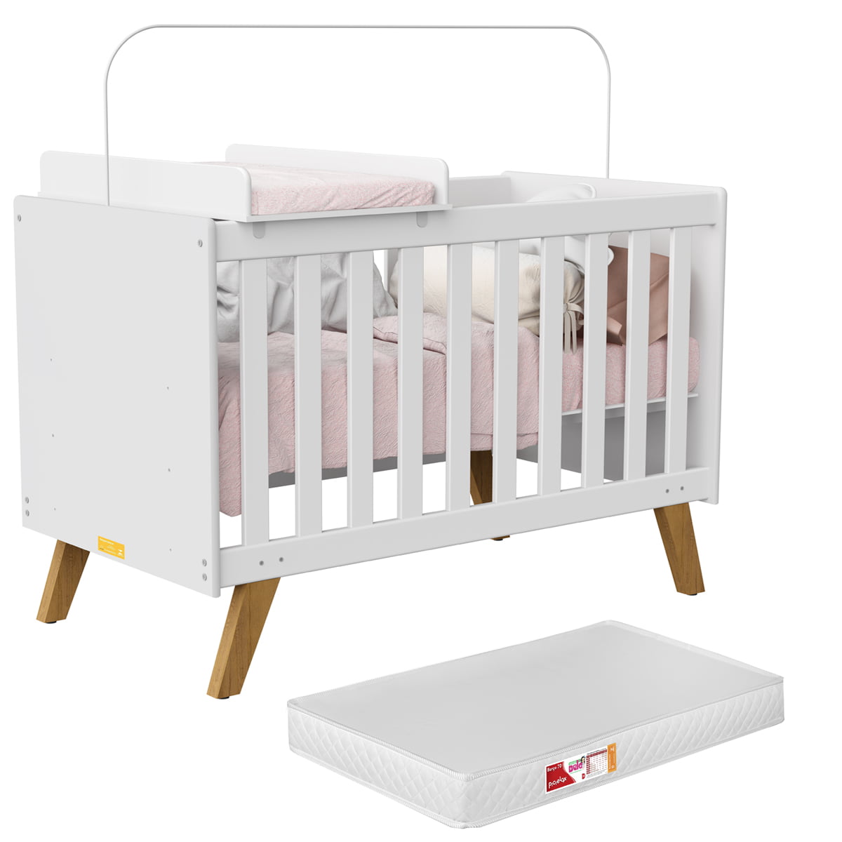 Berço Americano mini cama Infantil Retrô Branco Ayla com Trocador Kids 2 em 1 com Colchão