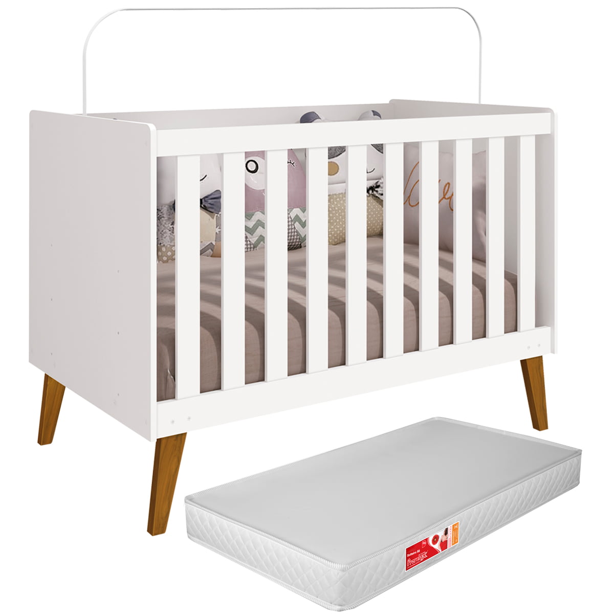 Berço Americano mini cama Infantil Retrô Branco Ayla Kids 2 em 1 com Colchão