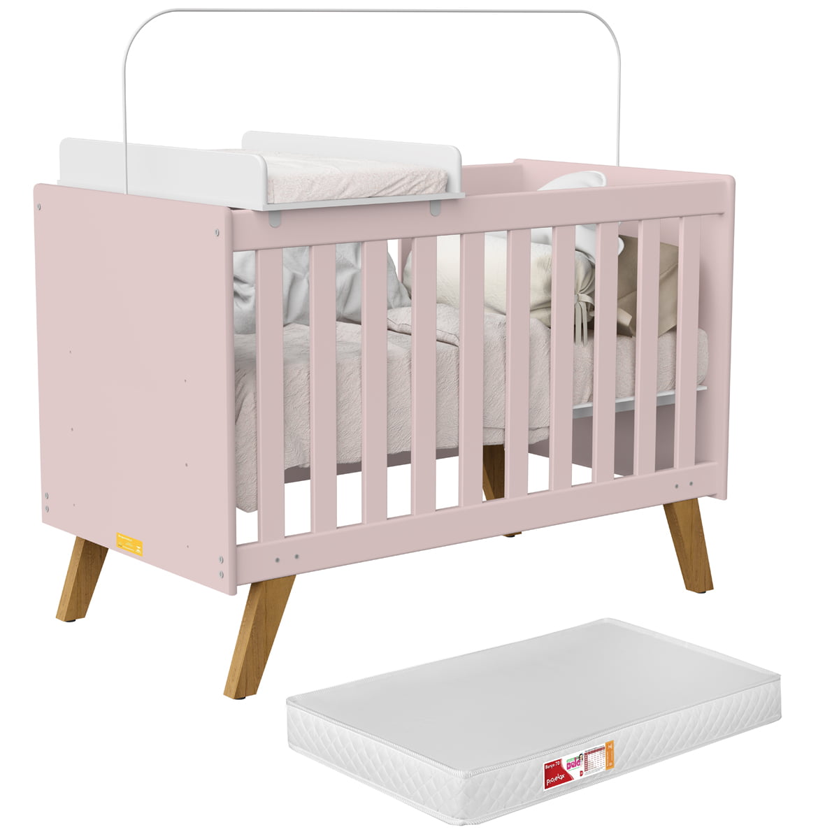 Berço Americano mini cama Infantil Retrô Rosa Ayla com Trocador Kids 2 em 1 com Colchão