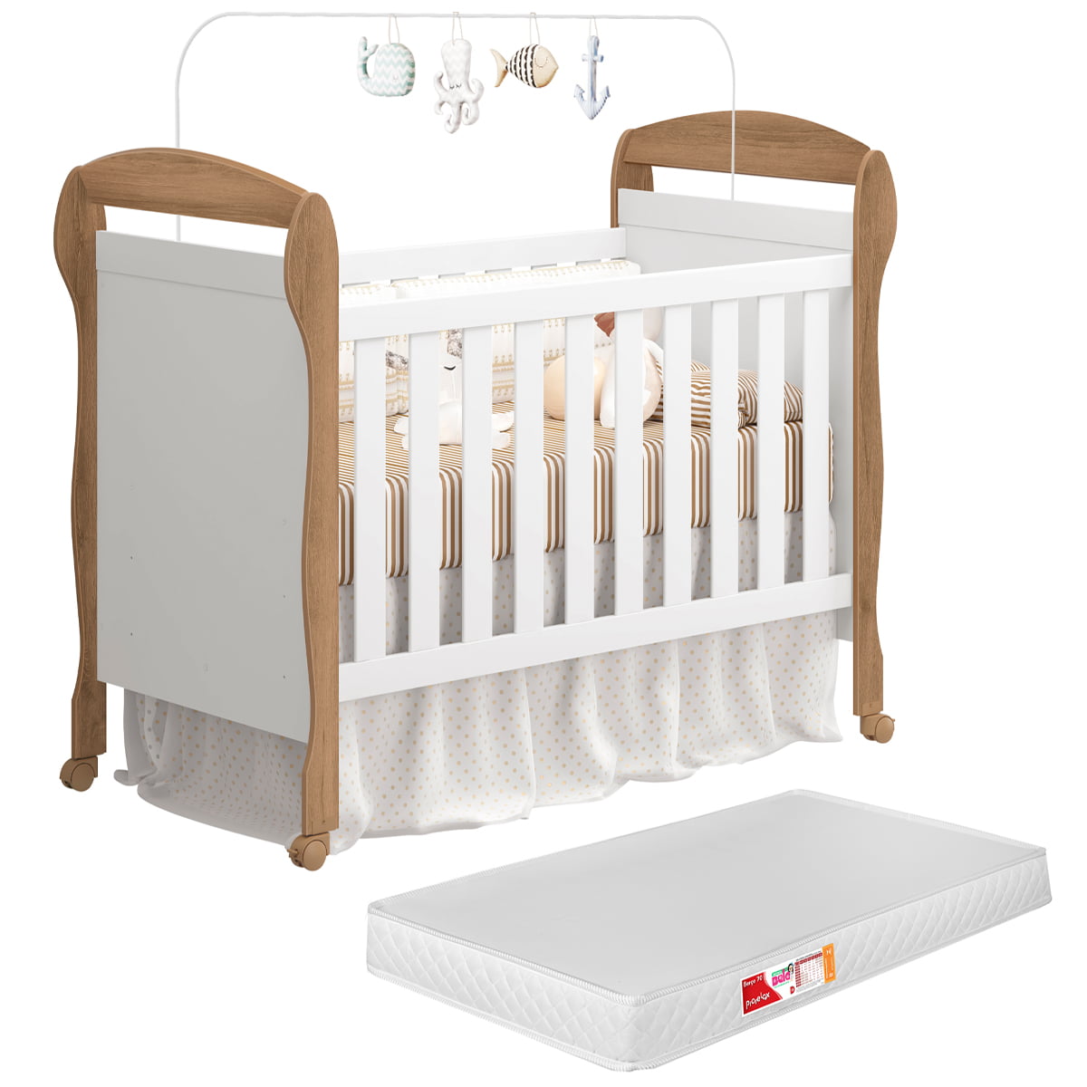 Berço Americano Mini Cama Provençal Retrô Dany Bela Branco/Savana Com COlchão