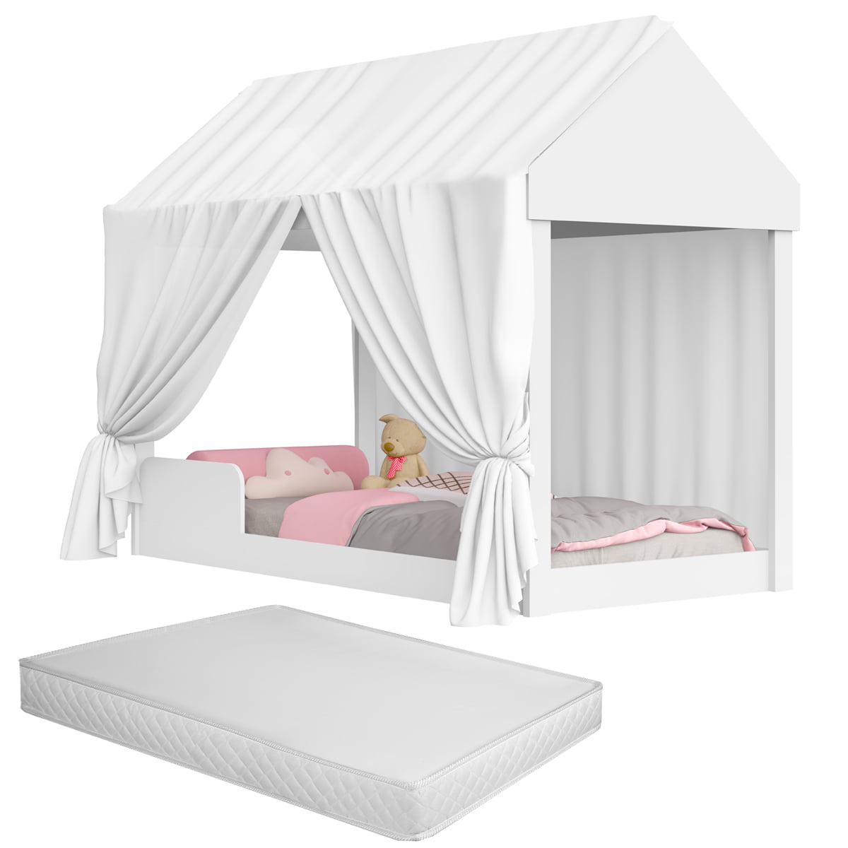 Cama Infantil Solteiro Montessoriana Menino Menina Voal Branco Com Colchão 