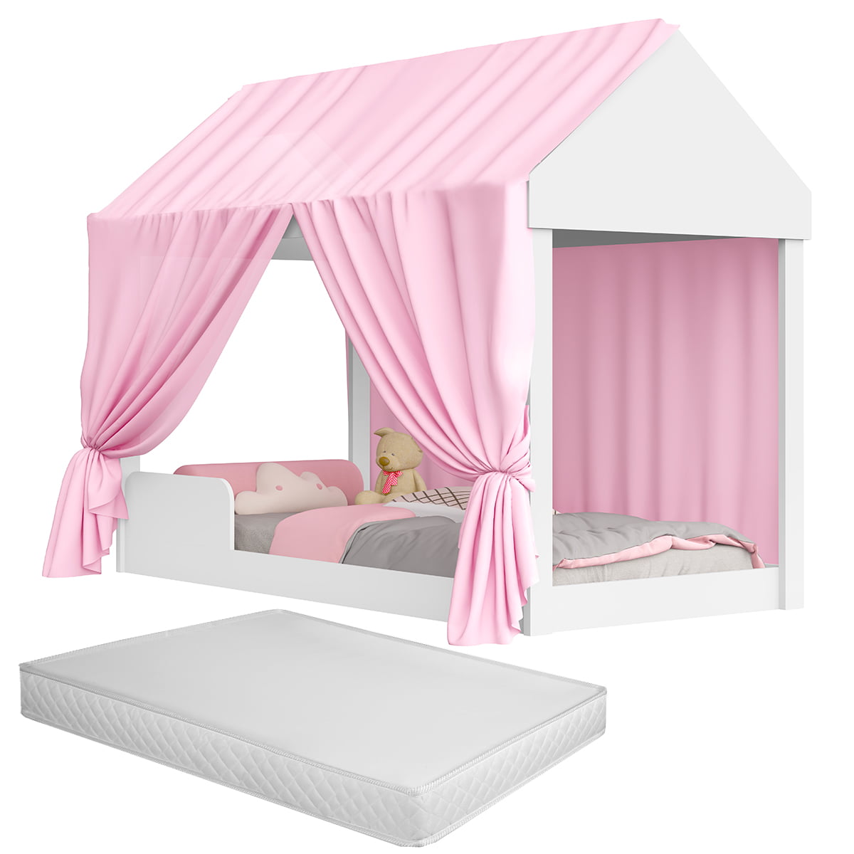 Cama Infantil Solteiro Montessoriana Menina Voal Rosa Com Colchão  