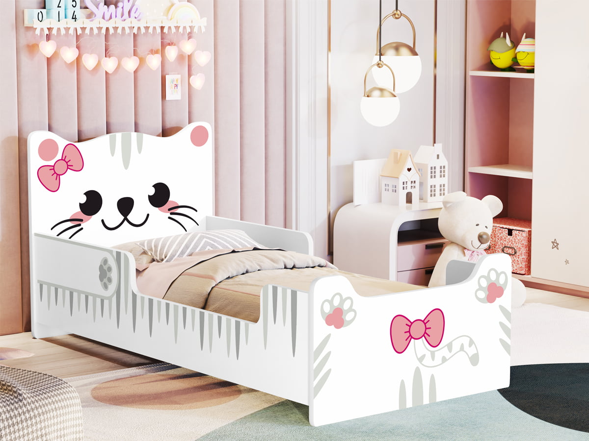 Mini cama Juvenil Infantil Gatinho Branca/Rosa Com Colchão - Móveis Bela