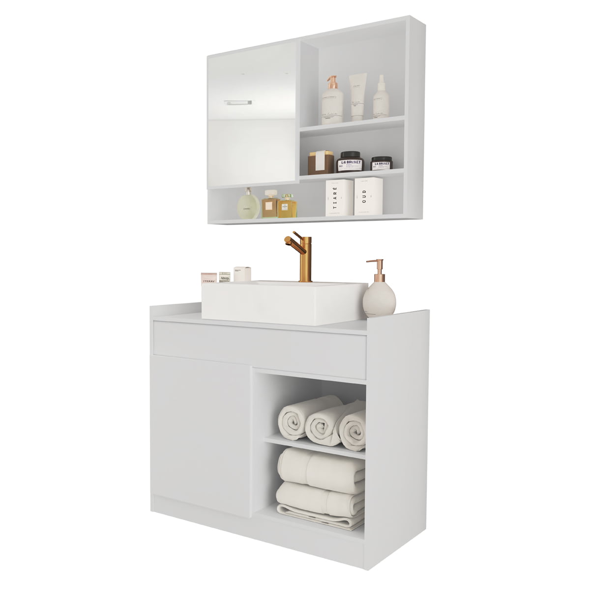 Conjunto Gabinete Banheiro Completo Bela com Nicho Espelheira Cuba Inclusa 80cm Branco 