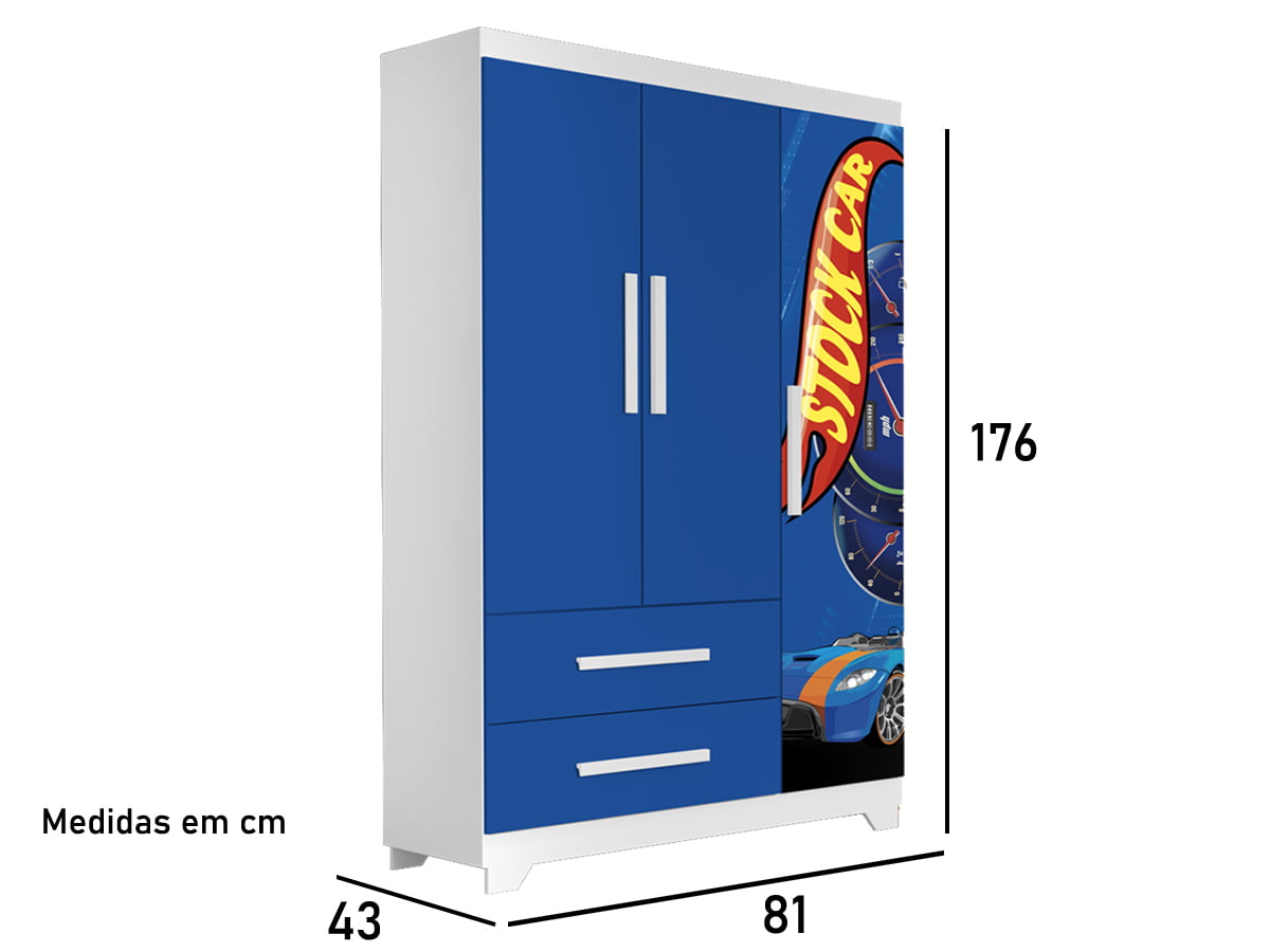 Cama E Guarda Roupa Infantil Carro Stock Car Azul - Móveis Bela