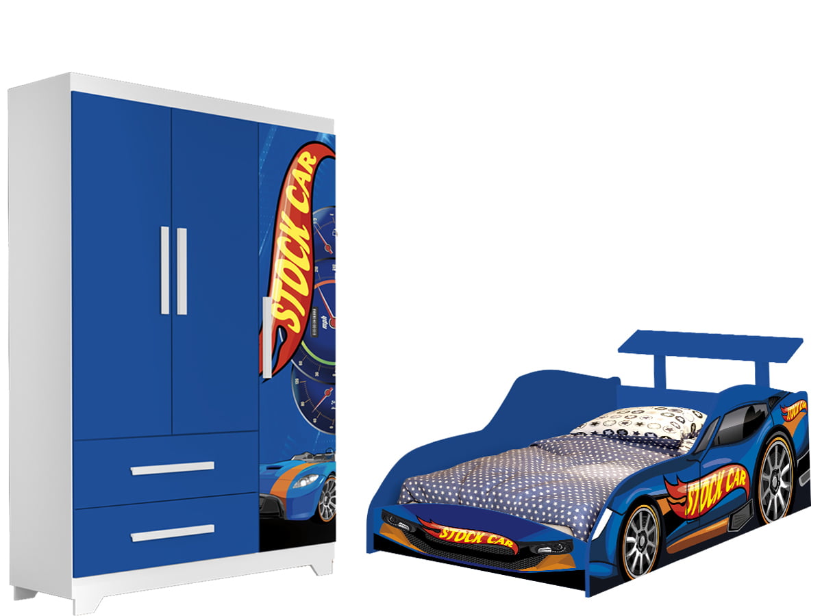 Cama Solteiro Carro stock car Azul Com Colchão GRÁTIS - Móveis Bela