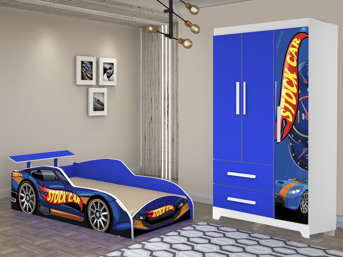 Cama E Guarda Roupa Infantil Carro Stock Car Azul - Móveis Bela