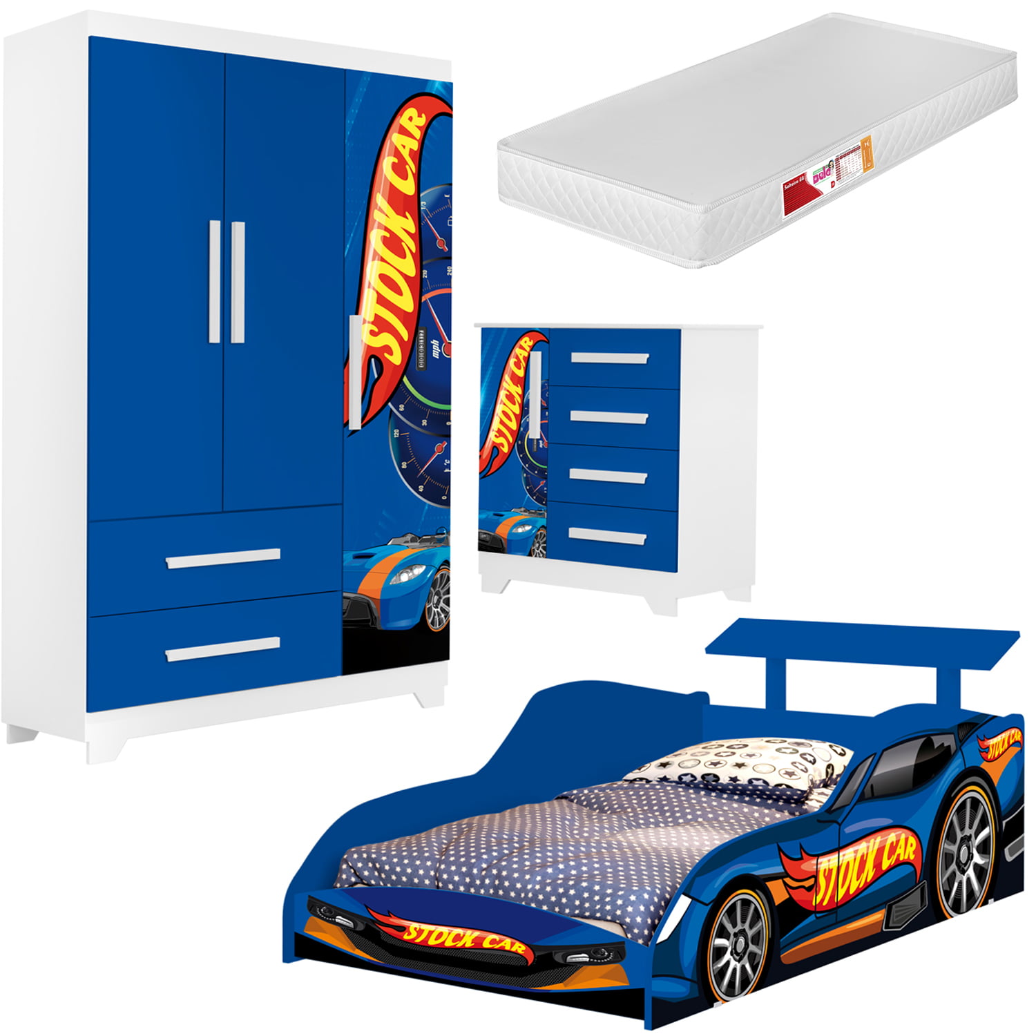 Jogo Completo Quarto Infantil Carro Stock Car Menino Corrida Azul Colchão Incluso 100% MDF