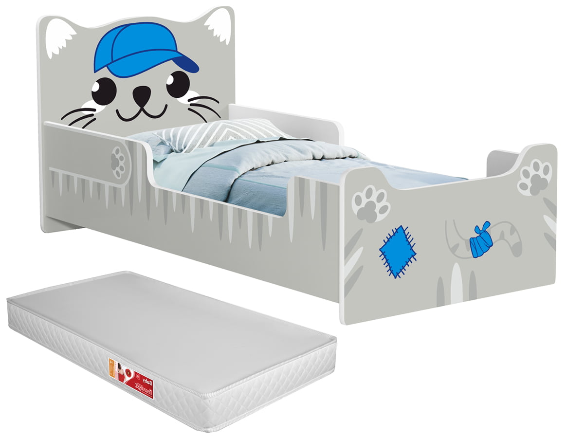 Mini cama Juvenil Infantil Montessoriana Gatinho Branca/Azul Com Colchão