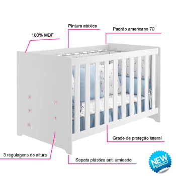 Berço Americano Infantil Baby Kids Branco com Colchão