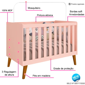 Berço Americano mini cama Infantil Retrô Rosa Ayla Kids 2 em 1 com Colchão