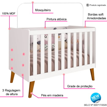 Berço Americano  2 em 1 mini com Trocador cama Infantil Retrô Branco Ayla Kids