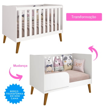 Berço Americano mini cama Infantil Retrô Branco Ayla com Trocador Kids 2 em 1 com Colchão