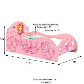 Cama Solteiro Princesa Rosa Carruagem com Colchão