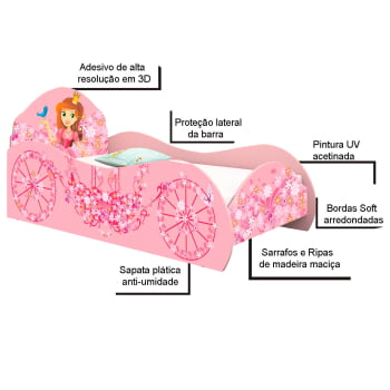 Cama Solteiro Princesa Rosa Carruagem com Colchão