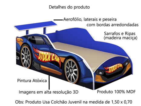 Cama Juvenil Infantil Criança Carro Corrida Stock car Azul