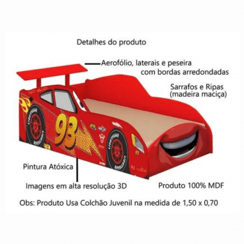 Cama Juvenil Infantil Carro Corrida Mc Veloz Vermelho Com Colchão