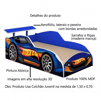 Cama Juvenil Infantil Carro Corrida stock Car Azul Com Colchão