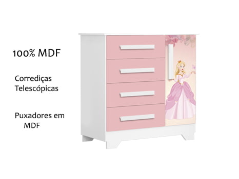 Cama e Cômoda de Solteiro Princesa Rosa