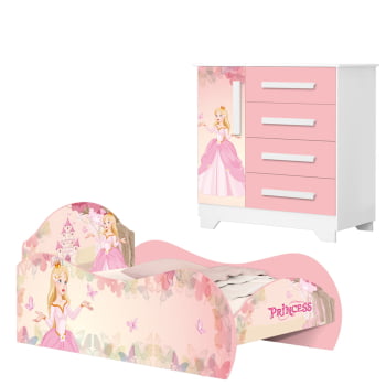 Cama e Cômoda de Solteiro Princesa Rosa