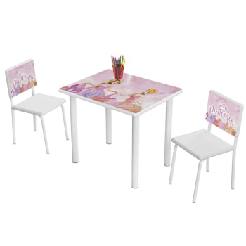 Mesa Educativa Estudos Infantil Juvenil Piquenique Menina Com Cadeiras MDF Branco Personagens Princesas Rosa 