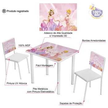 Mesa Educativa Estudos Infantil Juvenil Piquenique Menina Com Cadeiras MDF Branco Personagens Princesas Rosa 