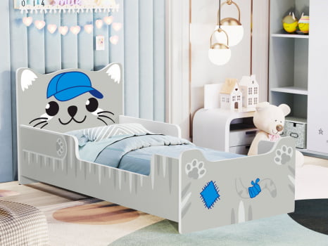 Mini cama Juvenil Infantil Gatinho Montessoriana Branca/Azul