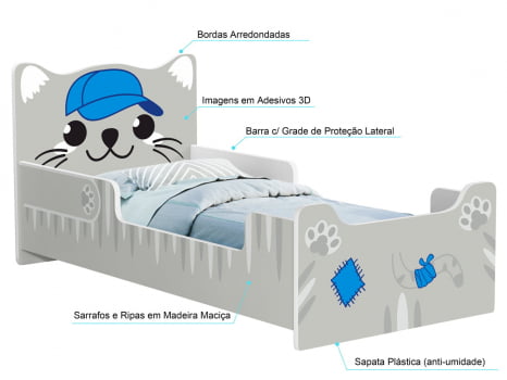 Mini cama Juvenil Infantil Gatinho Montessoriana Branca/Azul