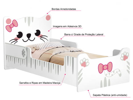 Mini cama Juvenil Infantil Montessoriana Gatinho Branca/Rosa