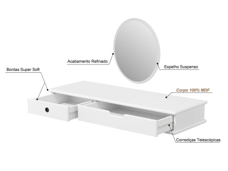 Penteadeira Camarim  Suspensa 2 Gavetas Branco acompanha Espelho Móveis Bela 