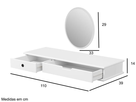 Penteadeira Camarim  Suspensa 2 Gavetas Branco acompanha Espelho Móveis Bela 