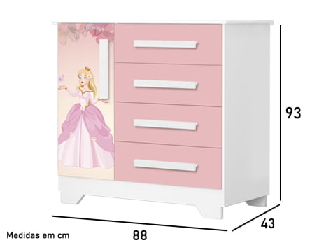 Comoda para quarto pequena 100% mdf gavetas sapateira infantil juvenil menina adesivada princesa encantada