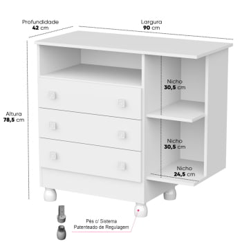 Cômoda Trocador Infantil Bebê 3 Gavetas com Nicho Pés Regulagem Com Colchão Pratico MDF Funcional Organizador Móveis Bela Branco