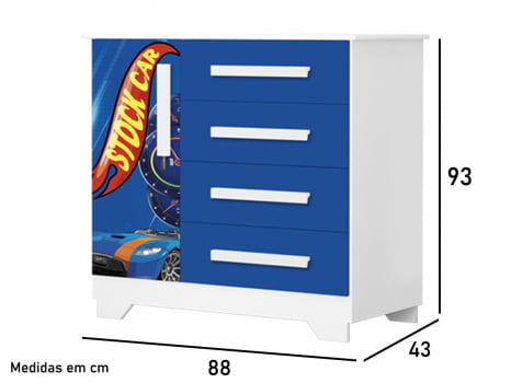 Comoda para quarto pequena 100% mdf gavetas sapateira infantil juvenil menino adesivado Carro Corrida Stock Car