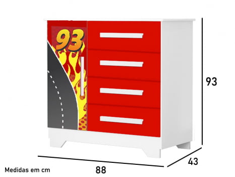 Comoda para quarto 100% mdf gavetas sapateira infantil juvenil menino adesivada Vermelho Formula1