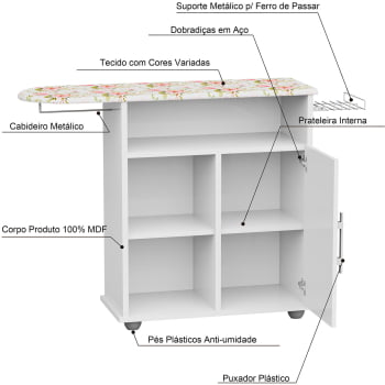 Tábua de Passar Branca com Balcão 01 Porta com Suporte p/ Ferro de passar