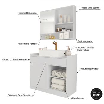 Conjunto Gabinete Banheiro Completo Bela com Nicho Espelheira Cuba Inclusa 80cm Branco 