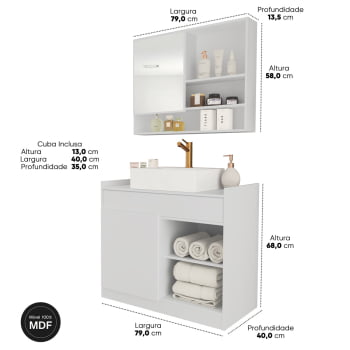 Conjunto Gabinete Banheiro Completo Bela com Nicho Espelheira Cuba Inclusa 80cm Branco 