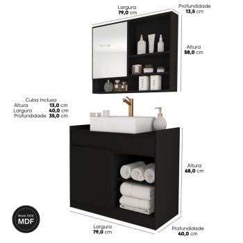 Conjunto Gabinete Banheiro Completo Bela com Nicho Espelheira Cuba Inclusa 80cm - PRETO