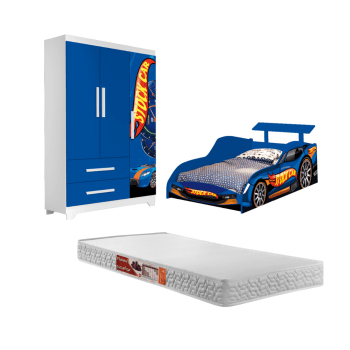 Cama E Guarda Roupa e Colchão  Infantil Carro Stock Car Azul 