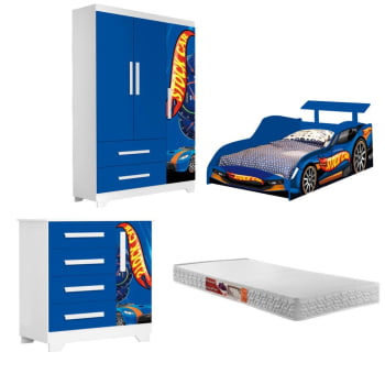 Jogo Completo Quarto Infantil Carro Stock Car Menino Corrida Azul Colchão Incluso 100% MDF