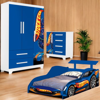 Jogo Completo Quarto Infantil Carro Stock Car Menino Corrida Azul Colchão Incluso 100% MDF