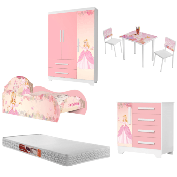 Jogo De Quarto Infantil Completo Solteiro Cama Cômoda Roupeiro Colchão Mesinha Estudos Banqueta Princesa Rosa