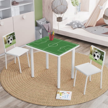 Mesa Educativa Estudos Infantil Juvenil Piquenique Menino Menina Com Cadeiras MDF Branco Personagens Bola Futebol Branco