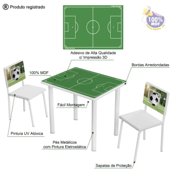 Mesa Educativa Estudos Infantil Juvenil Piquenique Menino Menina Com Cadeiras MDF Branco Personagens Bola Futebol Branco