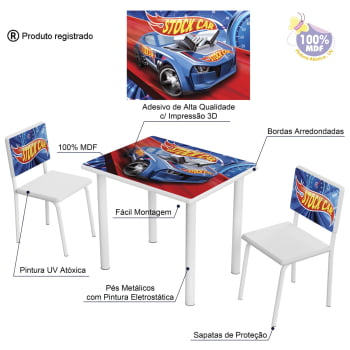 Mesa Educativa Estudos Infantil Juvenil Piquenique Menino Menina Com Cadeiras MDF Branco Personagens Carros Corrida Branco