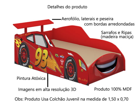 Cama Juvenil Infantil Criança Quarto Carro Corrida Mc Veloz Vermelho