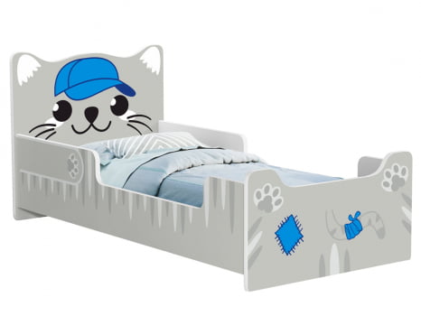 Mini cama Juvenil Infantil Montessoriana Gatinho Branca/Azul Com Colchão