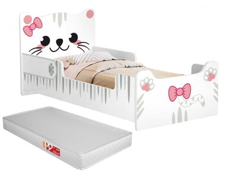 Mini cama Juvenil Infantil Montessoriana Gatinho Branca/Rosa Com Colchão